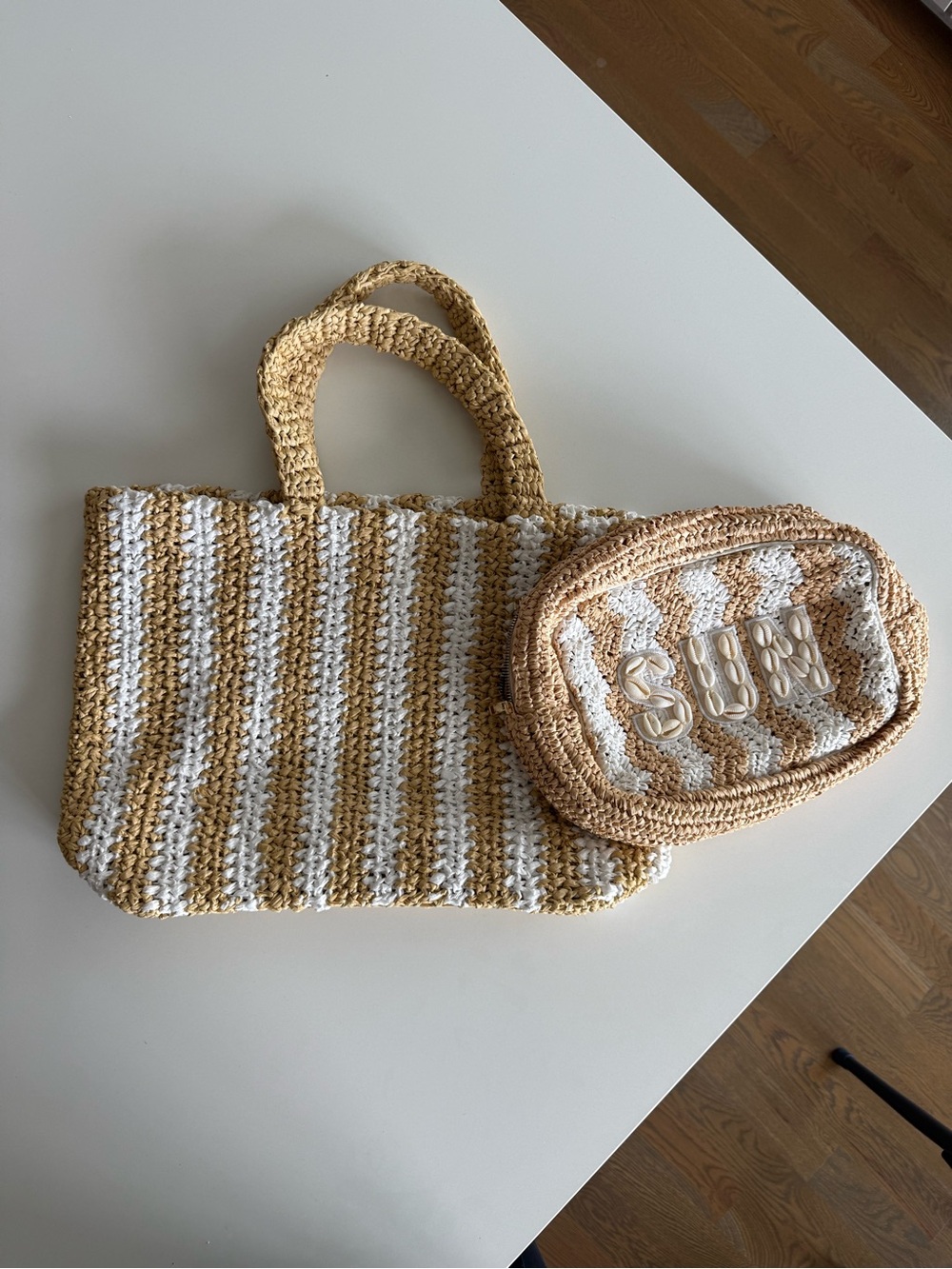 Striped Crochet Tote and Pouch - Cream & Tan